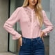 thumbnail image 3 of Blusa elegante de un solo pecho, con aberturas, mangas largas, color gris rosado pálido, talla L, con encaje y volantes estilo retro, 3 of 6