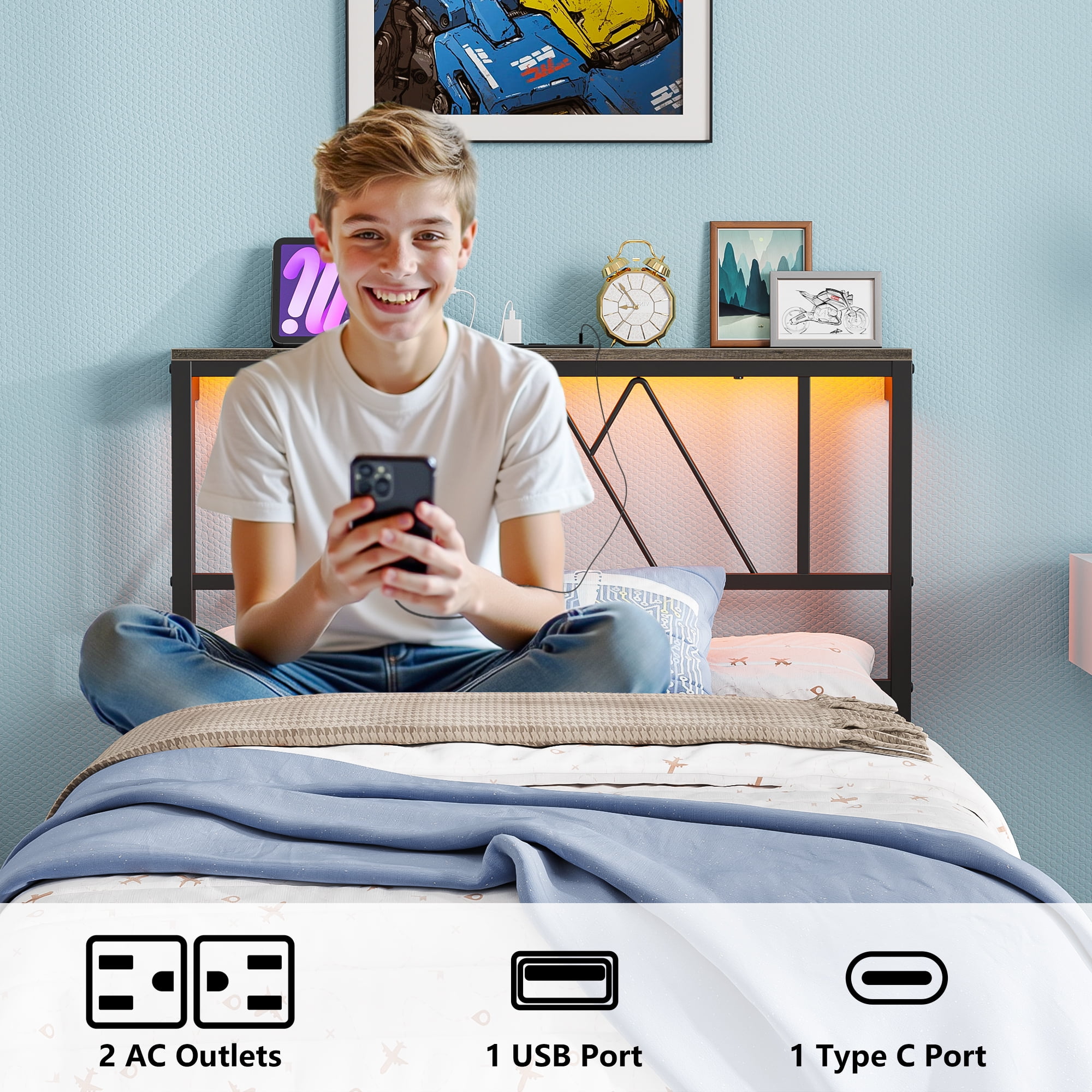Yoneston Twin Size Platform Bed Fame with LED and Charging Station Storage Headboard No Box Spring Need for Kids Furniture, Black