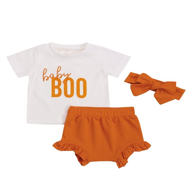 3Pcs Set Infant Baby Girl Halloween Outfits Boo Print T-Shirt Tops Ruffle Shorts Headband Clothes Orange 2-3 Years