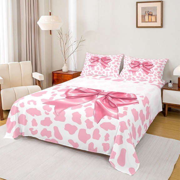 Homewish Teens Girls Kawaii Ribbon Bowtie 3pcs Twin Sheet Sets,Pink White Twin Fitted Sheet,Leopard Print Breathable Flat Sheet,Luxury Bedroom Decor