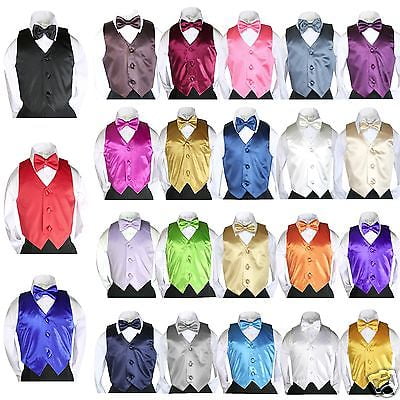 2pc Set Satin Vest Bow Tie Baby Toddler Kids Teen Formal Boys Suits 23 Color