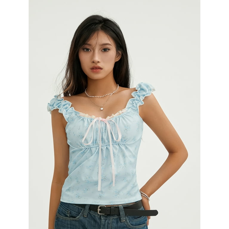 Women Fairy Grunge Y2k Shirts Basic Floral Tank Tops Square