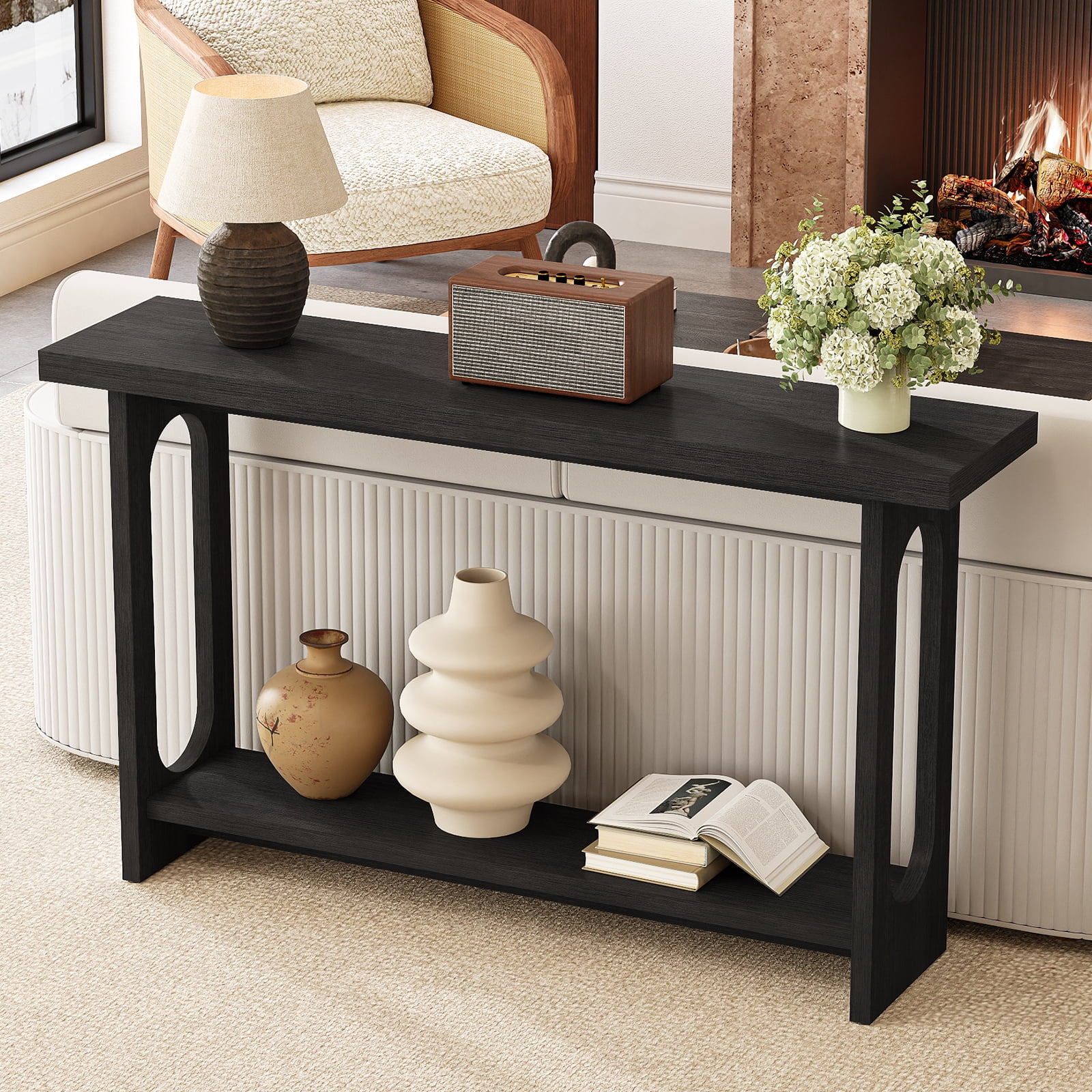 Tarnorci 54.33" Console Table, Narrow Entryway Sofa Table with Storage Shelves, Black