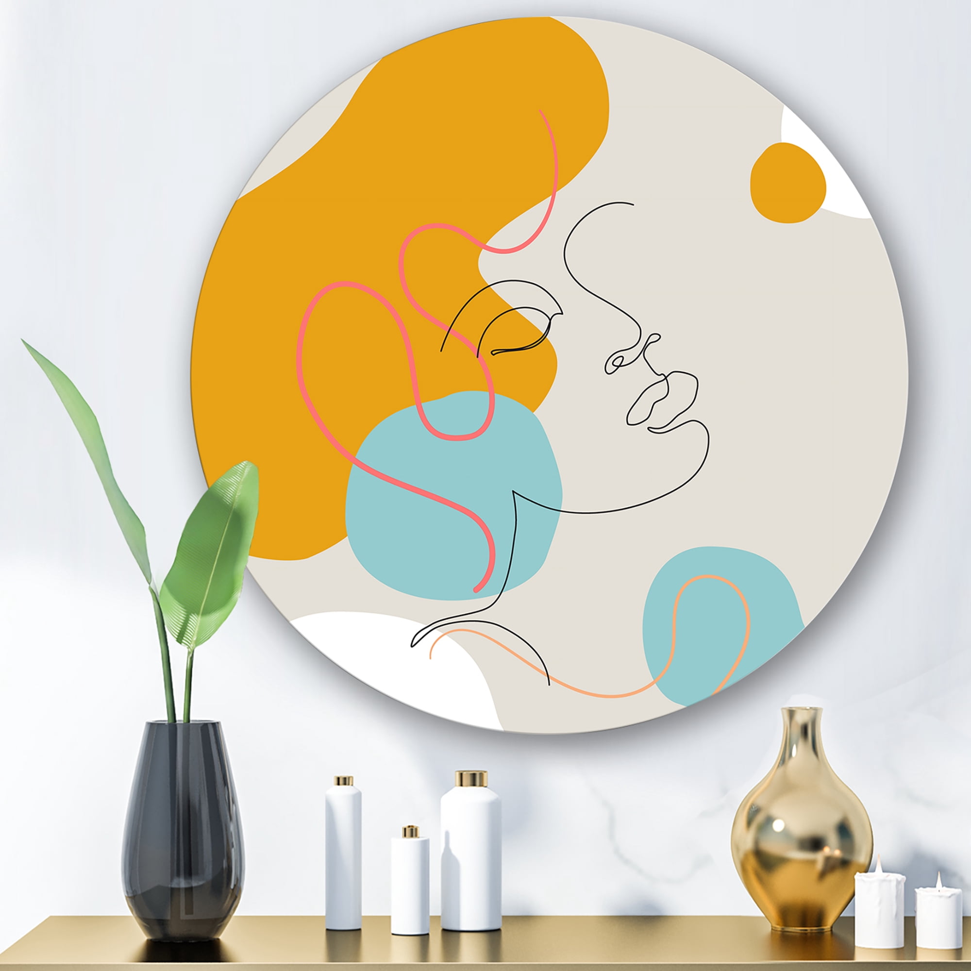 Designart 'Minimal Portrait of Female Face Drawn With One Line I' Modern Circle Metal Wall Art 11x11 - Disc of 11