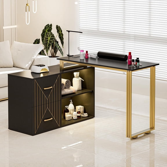 Manicure Table with 16 Colors LED Lights, L-Shaped Nail Table Station, Beauty Salon Nail Supplies Decor w/2 Drawers, 2 Shelves, Wrist Rest, Metal Handles for Nail Tech(Black)