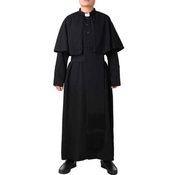 BLESSUME Men Black and white Soutane Cassock Adult Medieval Clergy Robe Cassock Cape