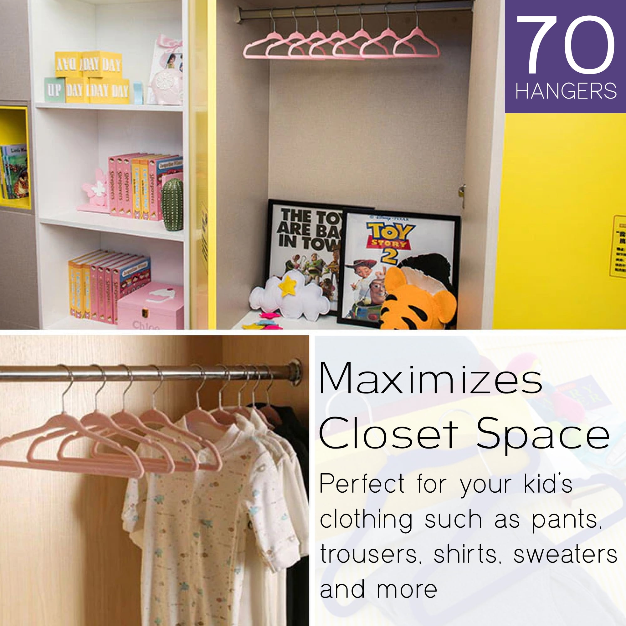 Sleek Pick Premium Baby Hanger, Velvet Hangers, 11”, 70 Pack, Non-Slip Baby Hangers, Space Saving, Infant Hanger, Ultra Slim, Closet Organization, Children Clothes Hanger, Closet Toddler Hangers-Pink
