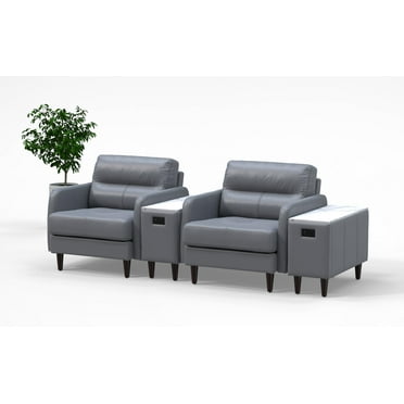 2 Person Lobby Waiting Reception Lounge Chairs Set with Charging Tables Genuine 100% Leather Corporate Color Graphite Gray Offices Commercial Retail Spaces Model 9081 4pc