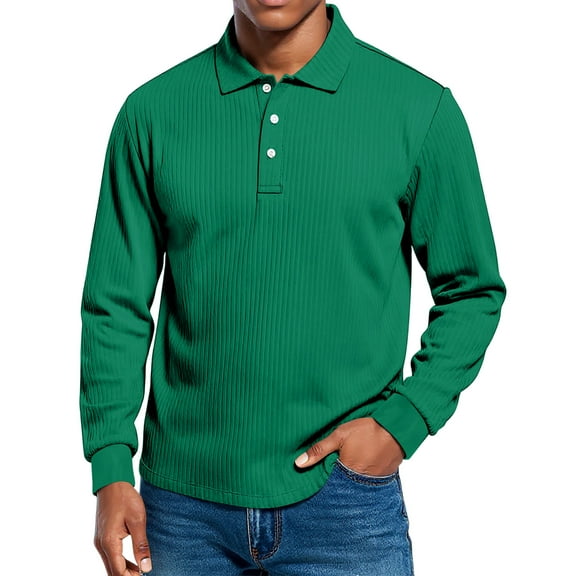 Dwelliawo Polo Shirts for Men Loose Fit Collared Fashion Golf Dress Pullover Ribbed Button Classic Long Sleeve Shirts Green L