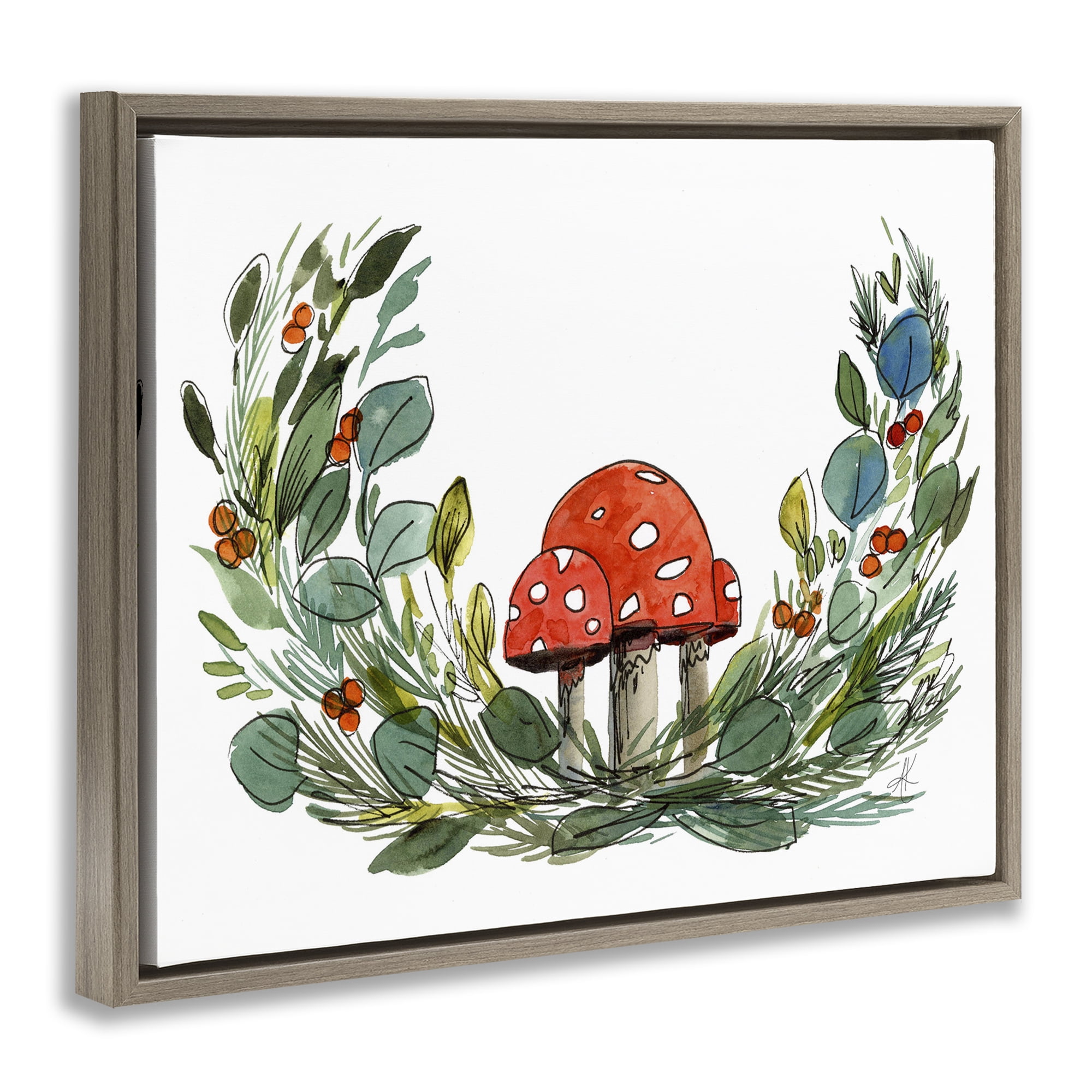 Stupell Industries Mushrooms & Greens Plants & Flowers Painting Brown Floater Framed Canvas Art Print Wall Art, 21 x 17