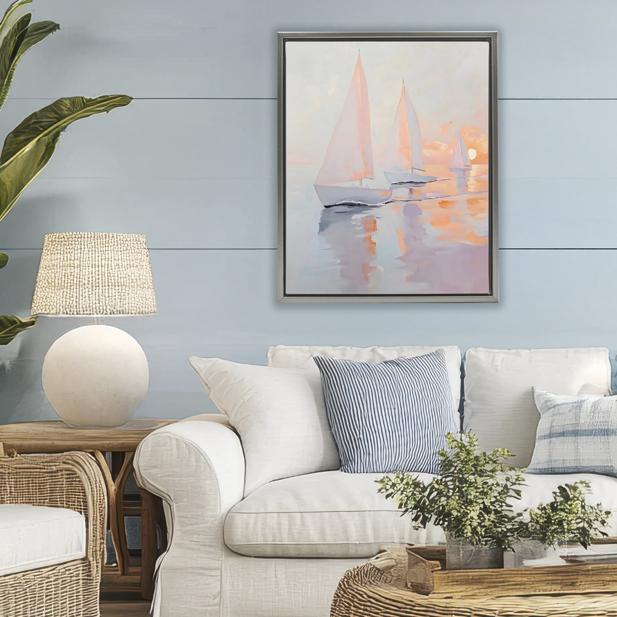 Stupell Industries Peach Sunset Sailboats on Sea Gray Framed Floater Canvas Wall Art, design by Creative Studio