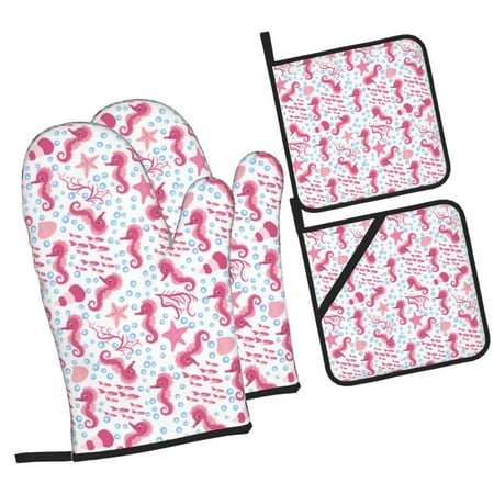 

Zufioo Seahorse and Starfish Oven Mitts and Pot Holders 4pcs Set Kitchen Oven Glove High Heat Resistant 500 Degree Extra Long Oven Mitts for Kitchen Baking Cooking