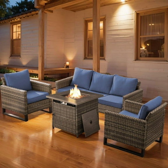 PARKWELL 4 Pieces Outdoor Sofa Furniture Sets with 30" Fire Pit Table and Lounge Armchair for Patio Garden Poolside Deck,Gray Wicker and Navy Cushions