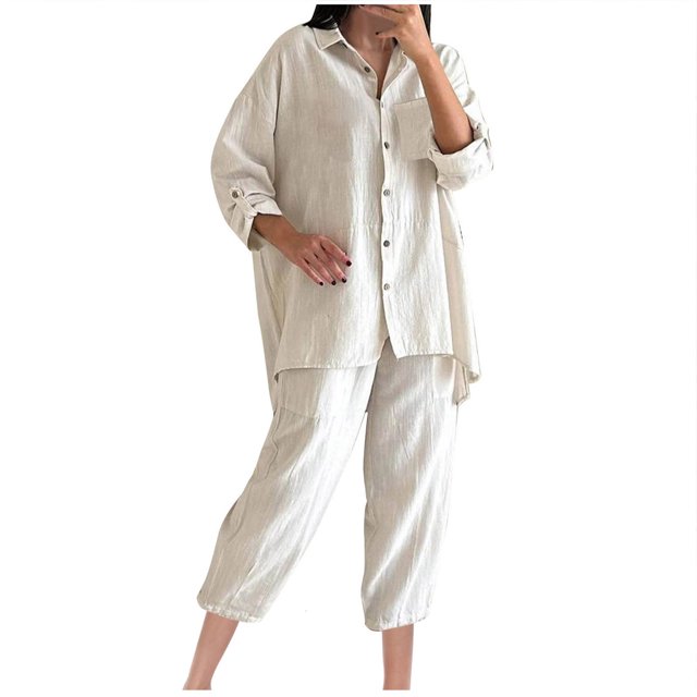 Timegard 2 Piece Plus Size Outfits for Women Button up Long Sleeve Collared Tops Cropped Pants with Pockets Causal Loose Sets