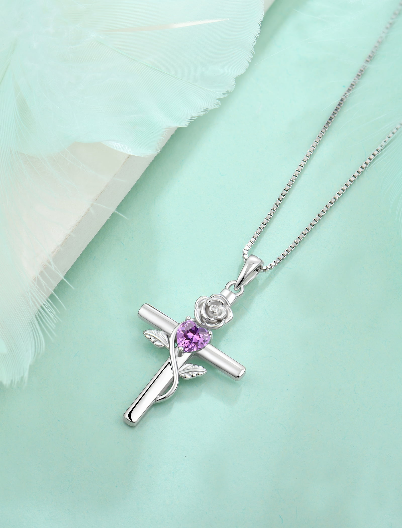 VESITIM Cross Pendant Necklace Sterling Silver Infinite Rose Flower Necklace Women Faith Jewelry Gift with February Birthstone Created Amethyst