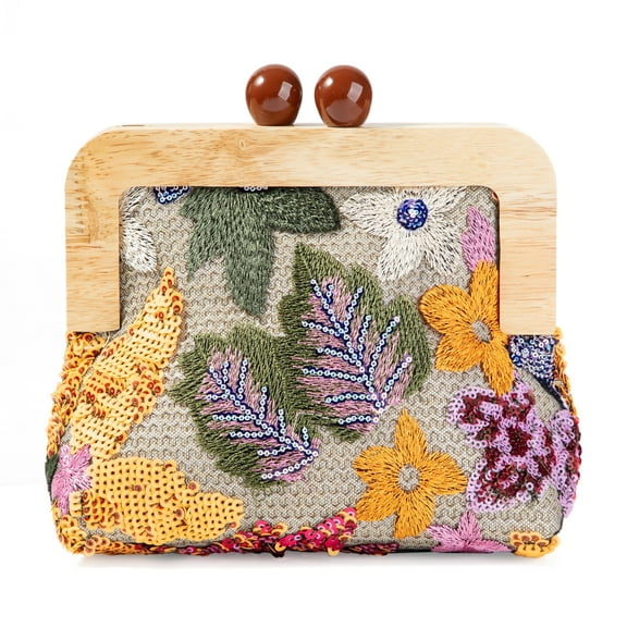 YIFEI Wooden Handle Sequin Embroidered Floral Handbag with Detachable Shoulder Strap Evening Purse for Wedding Party