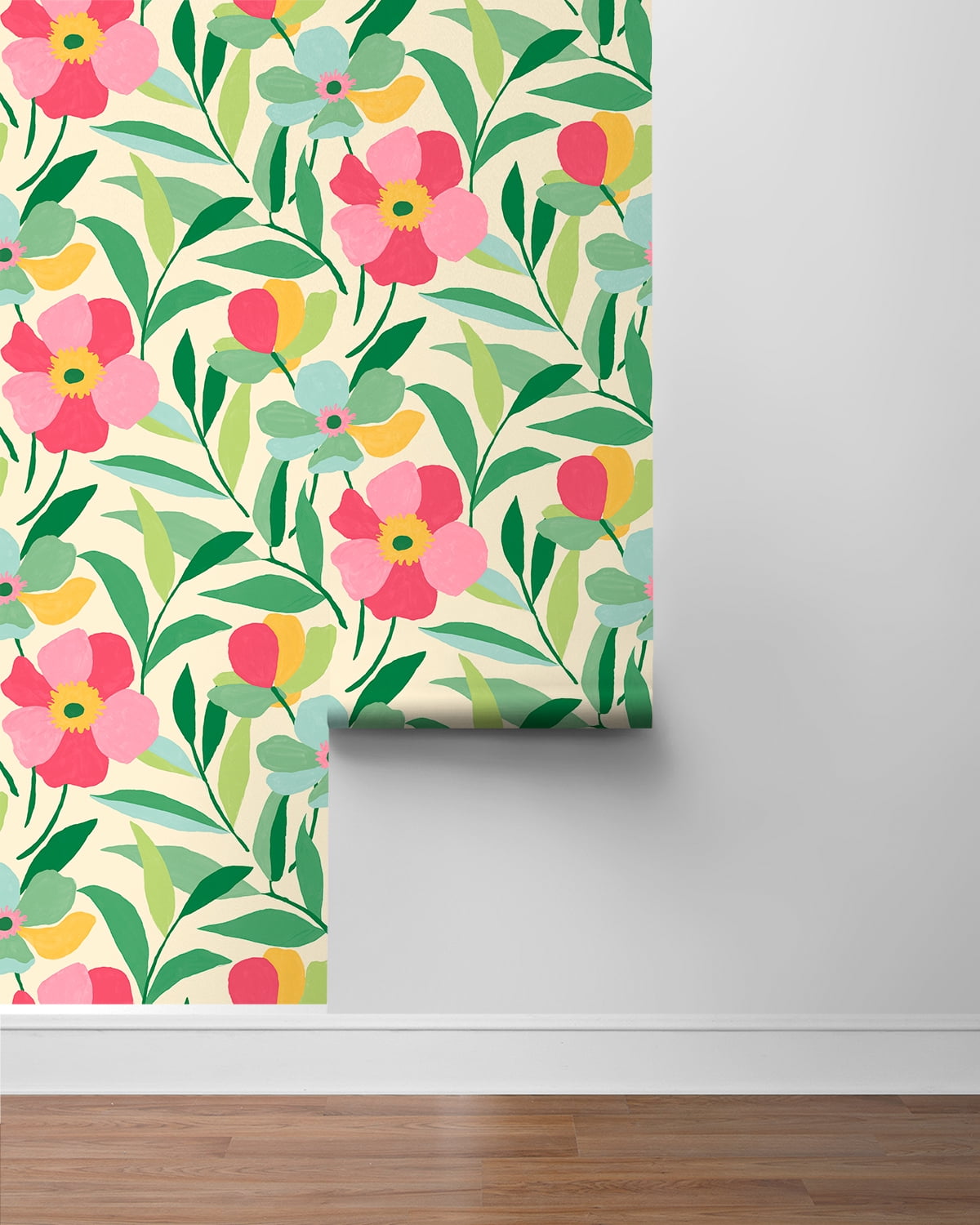 NextWall  Garden Block Floral Peel and Stick Wallpaper 20.5 in. W x 18 ft. L - Pink & Kelly Green