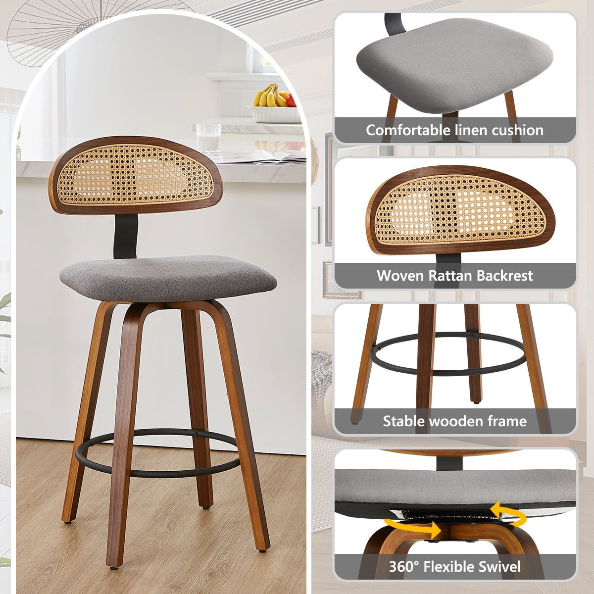 360° Swivel Rattan Bar Stools Set of 1, Counter Height Modern Kitchen Island Stools With Footrest, Uphostered Cushion, Comfortable Durable, Dark Grey