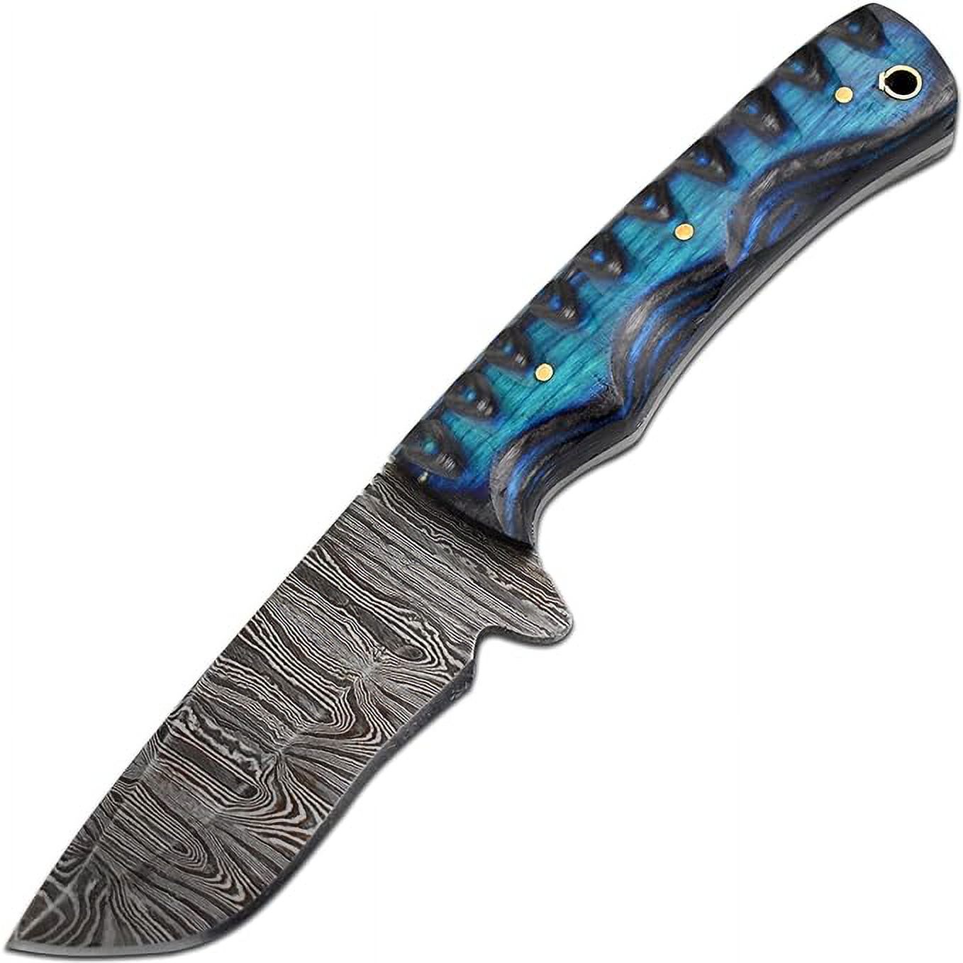 Old Ram Damascus Skinner Knife with Leather Sheath - 9" Twisted Blue Wood Hunting Knife