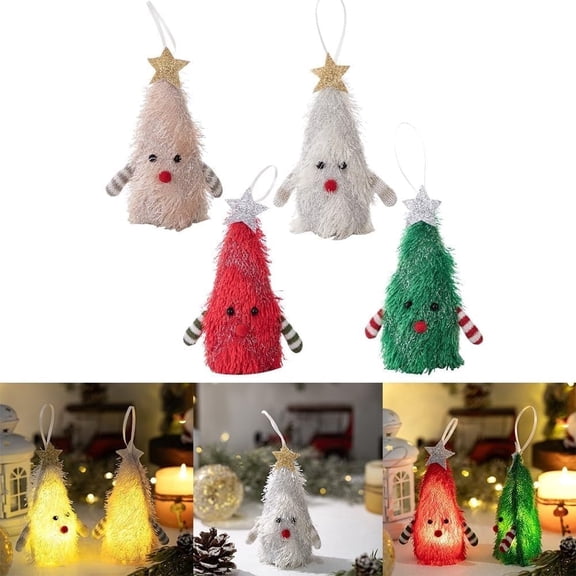 Christmas Tree Ornaments, 4Pcs Christmas Tree Hanging Decorations Figure Pendant 5.9" Christmas Tree Shaped Fabric Figurines with LED Lights Christmas Holiday Table Decorations Christmas Gifts