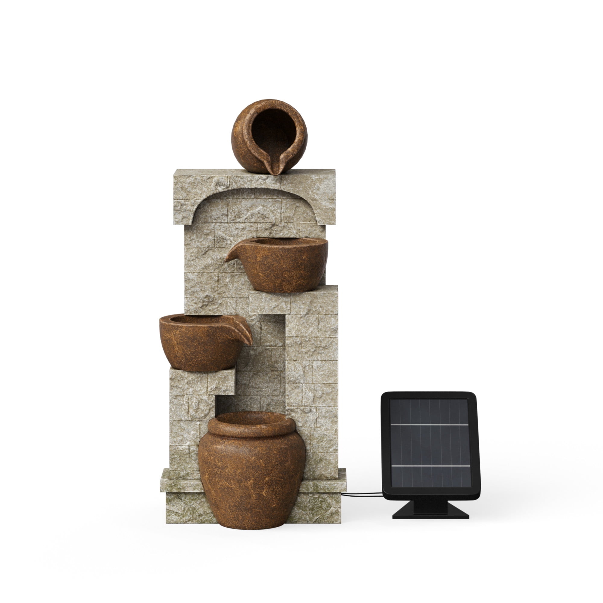 Teamson Home 4-Tier Outdoor Water Fountain with Cascading Bowls, Stacked Stone & Solar LED Lights
