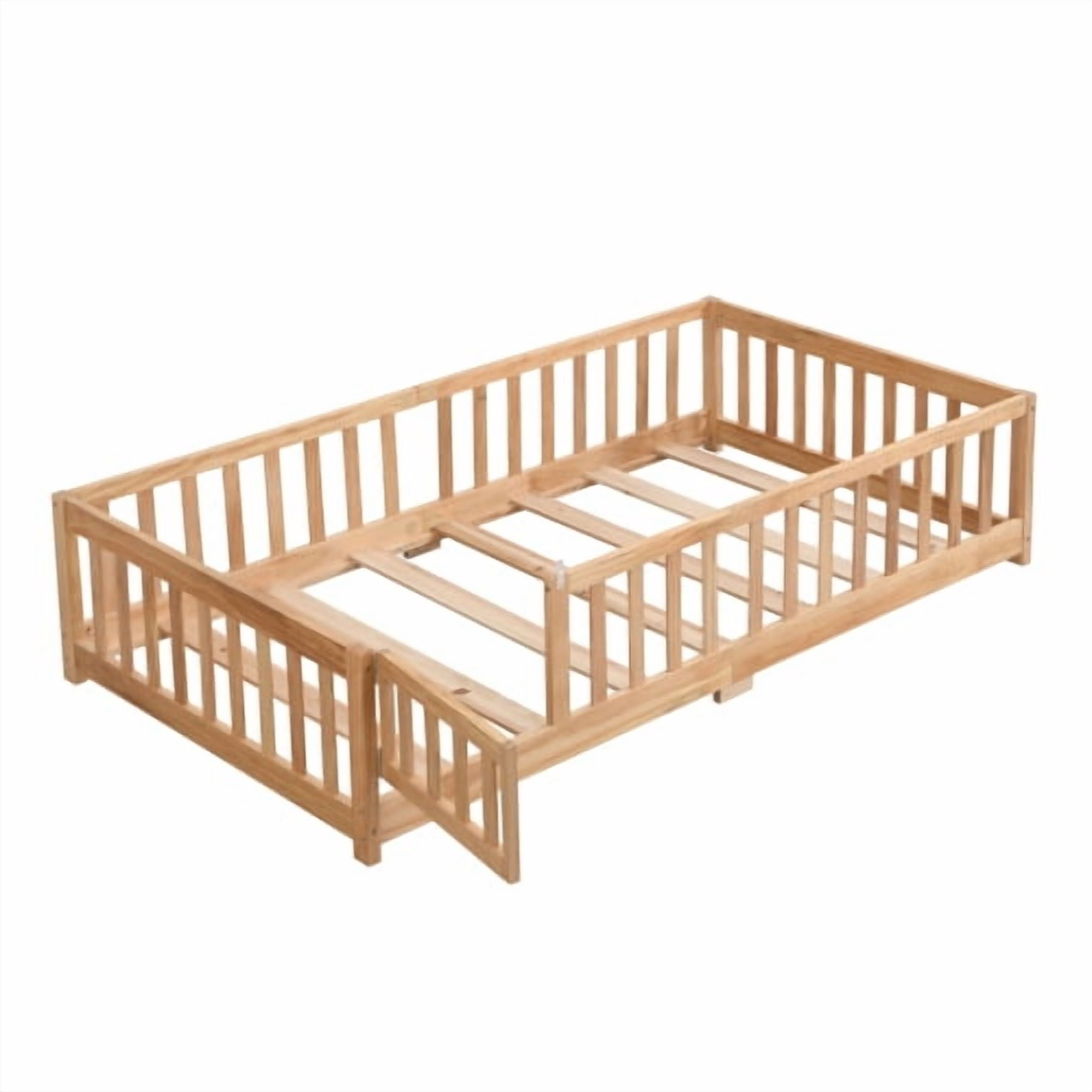 full Size Floor Bed with Door,Solid Wood Platform Bed Frame with Fence,Suitable for children,Pine Wood,Natural