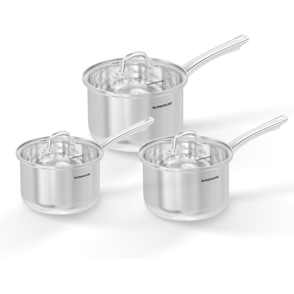 SUNHOUSE 3-Size Stainless Steel Saucepan Set with Glass Lids
