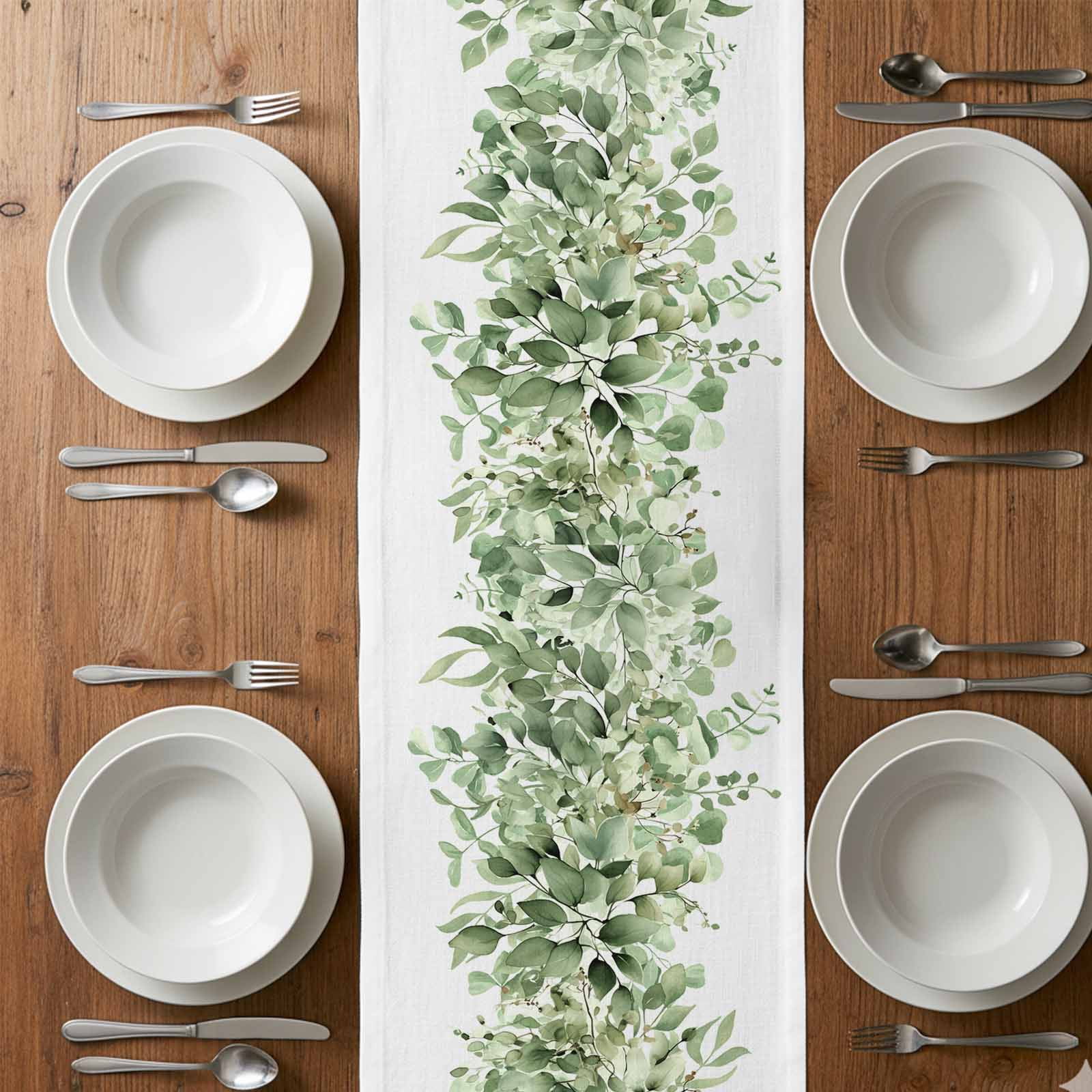 Spring Botanical Cotton Linen Table Runner Green Eucalyptus Leaves Dining Table Runners for Home Decor Party Dining Room Restaurant Kitchen 13" x 90"