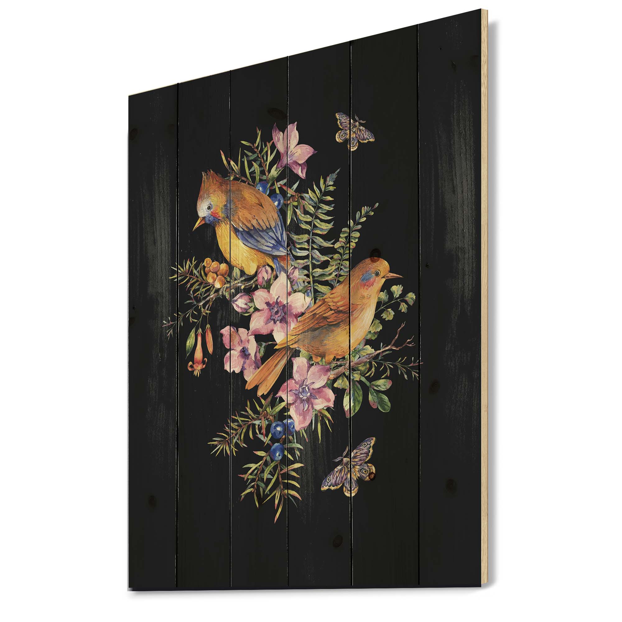 Designart 'Little Bird Sitting On Colourful Bouquet Of Wildflowers II' Traditional Print on Natural Pine Wood