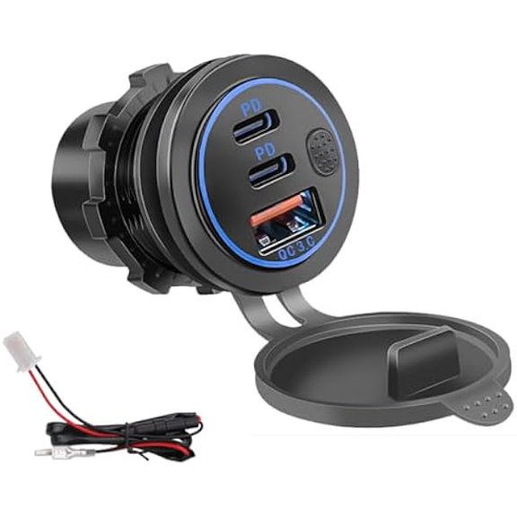 3 Ports 18W USB Car Charger with Switch, 12-24V QC 3.0 USB & Dual PD USB C Cigarette Lighter Socket Outlet, Dashboard Mount Quick Charge Charger for Car Motorcycle Truck Marine Boat (Blue)