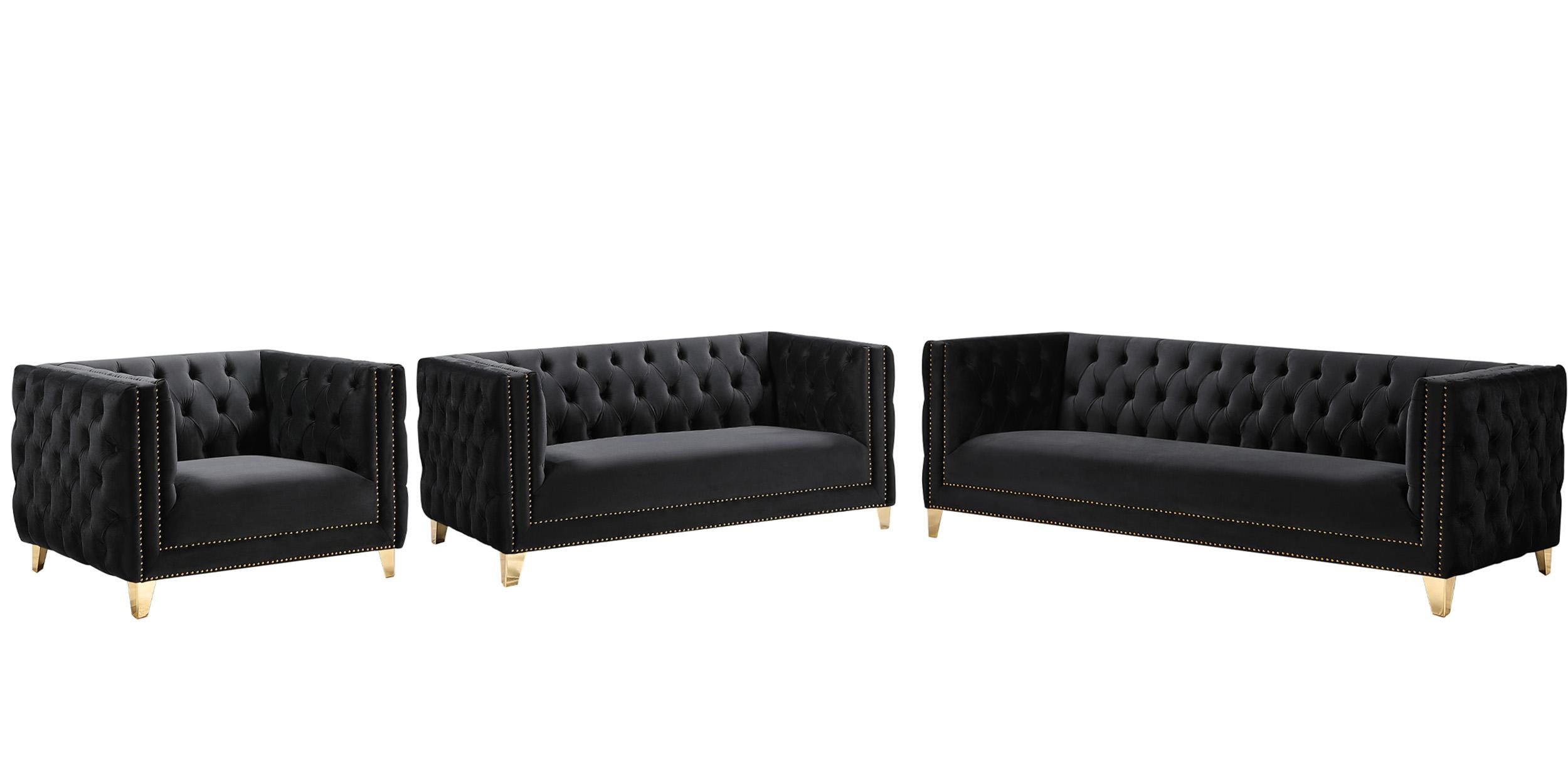 Glam Black Velvet Tufted Sofa Set 3Pcs MICHELLE Meridian Contemporary
