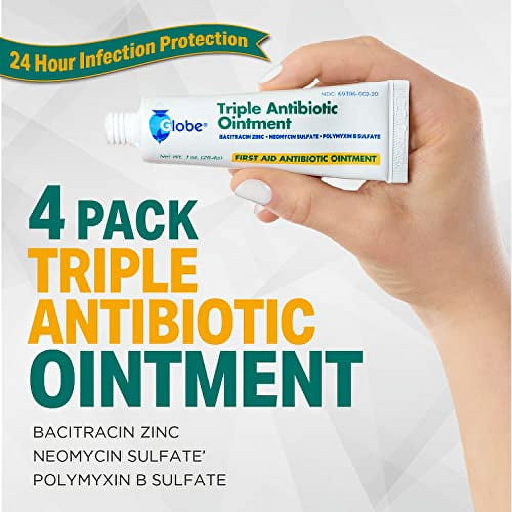 Globe (4 Pack) Triple Antibiotic First Aid Ointment, 1 oz, 24-Hour Infection Protection, Wound Care Treatment for Minor Scrapes, Burns and Cuts