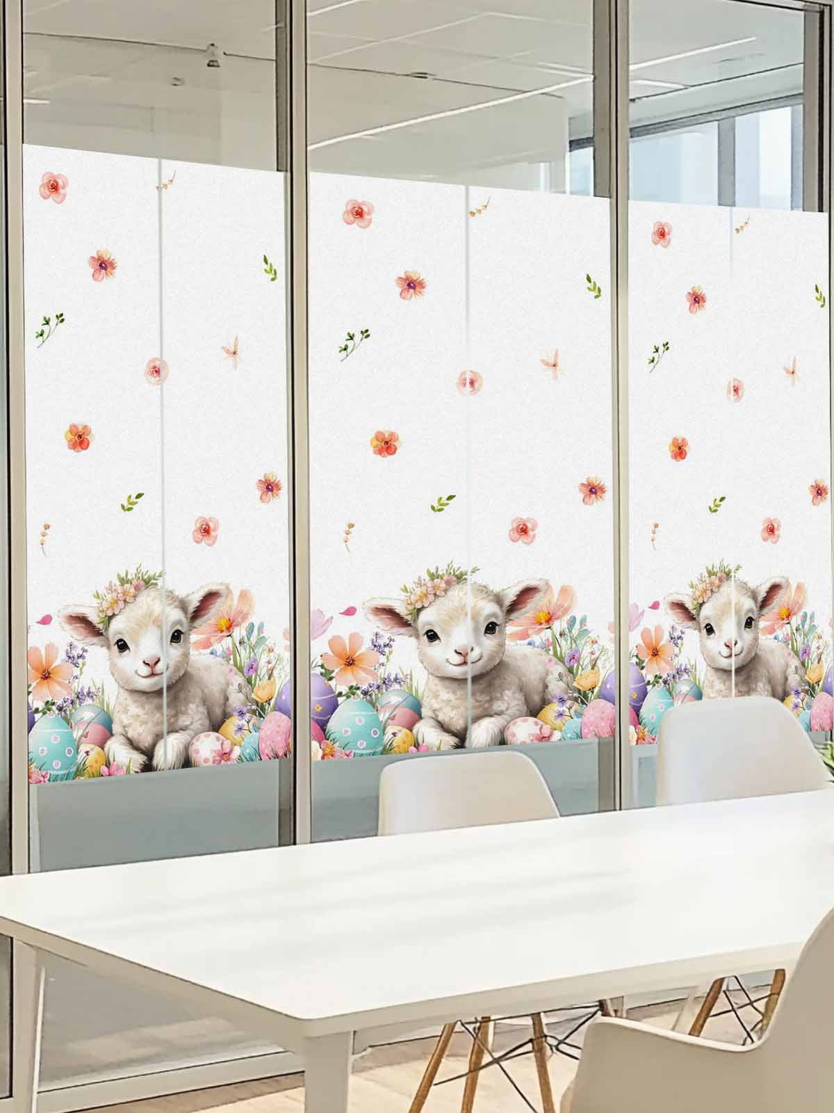 Easter Sheep Window Privacy Film, Watercolor Sheep Flowers Colored Eggs Frosted Glass Window Clings Static Cling UV Heat Blocking Reusable Door Sticker for Bathroom 23.6 x 59 Inch