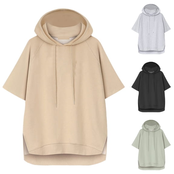 Trendfront Womens Summer Crew Neck Short Sleeve Tops Oversized Solid Color Plain Side Split Tees Drawstring Hooded Pullover Wear T-Shirts