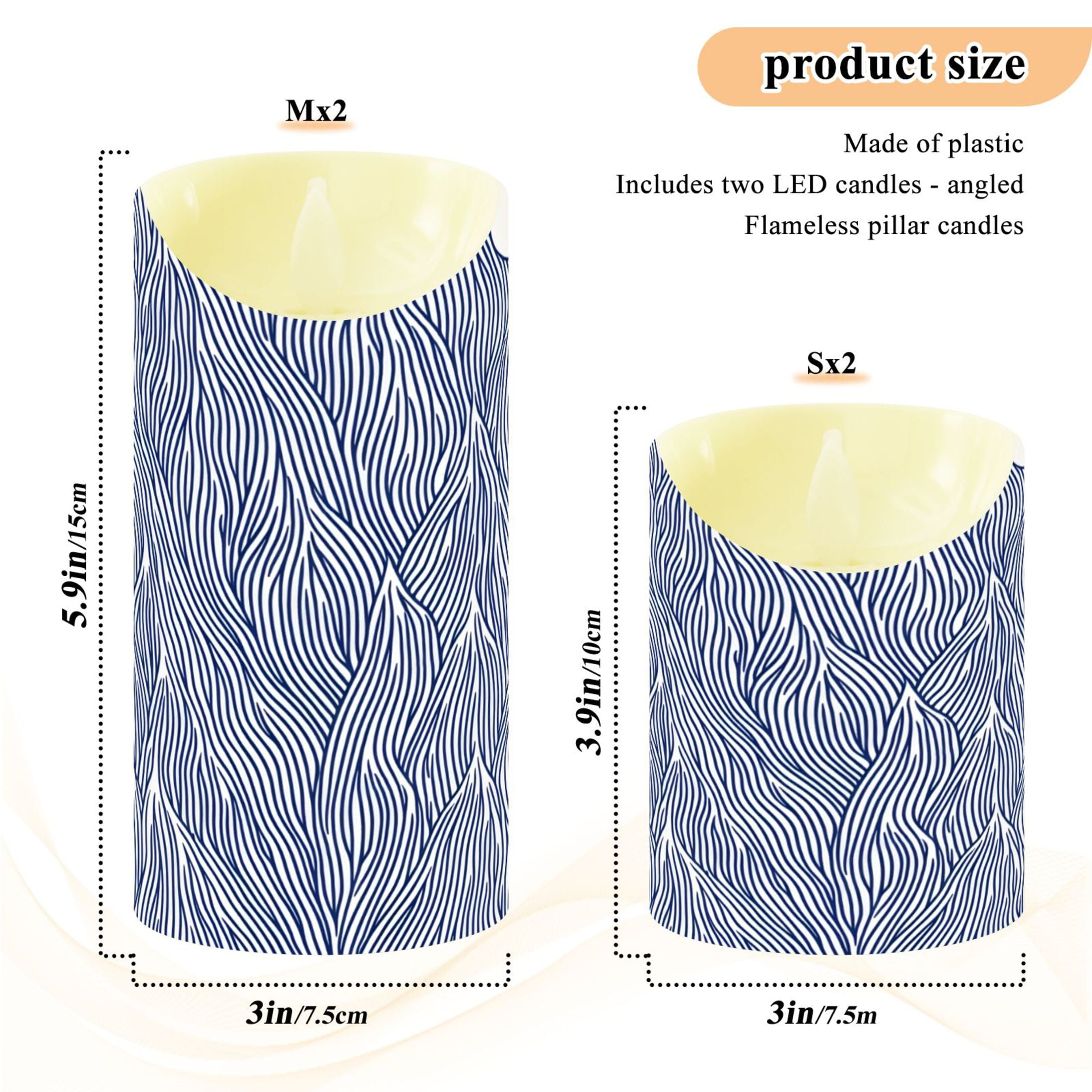 Navy Blue Wave Pattern Flameless Candles 2 PCS with Remote Realistic Moving Flame LED Tapered Pillar Set for Home Decor