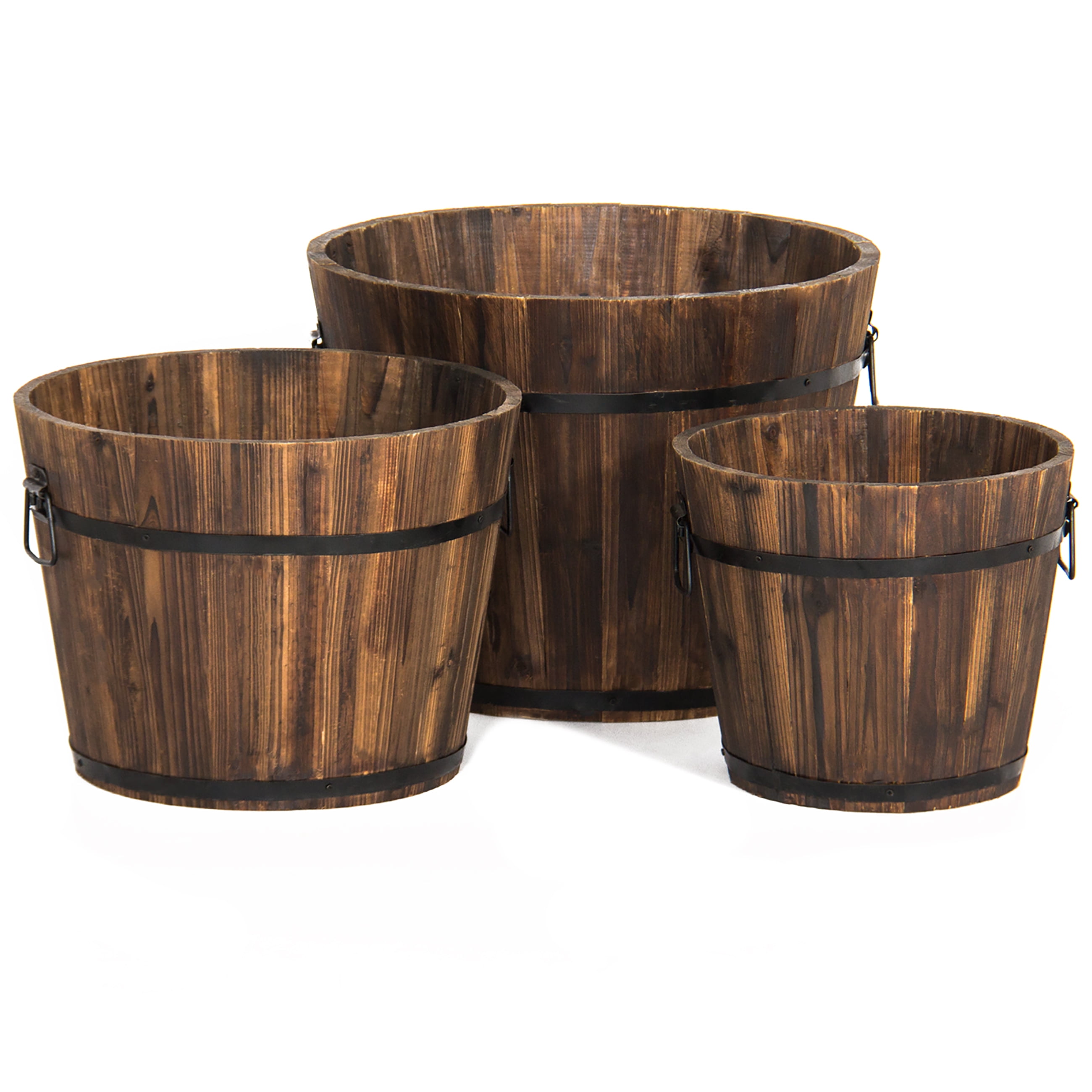 Best Choice Products Indoor Outdoor Set of 3 Wood Barrel Planter W Drainage Holes by