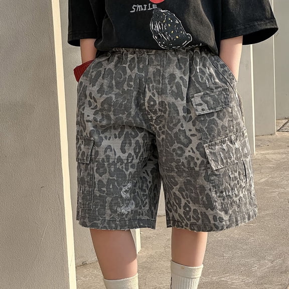 Pants for Boys Cargo Shorts Casual With Pocket Leopard Print Summer Shorts Activewear