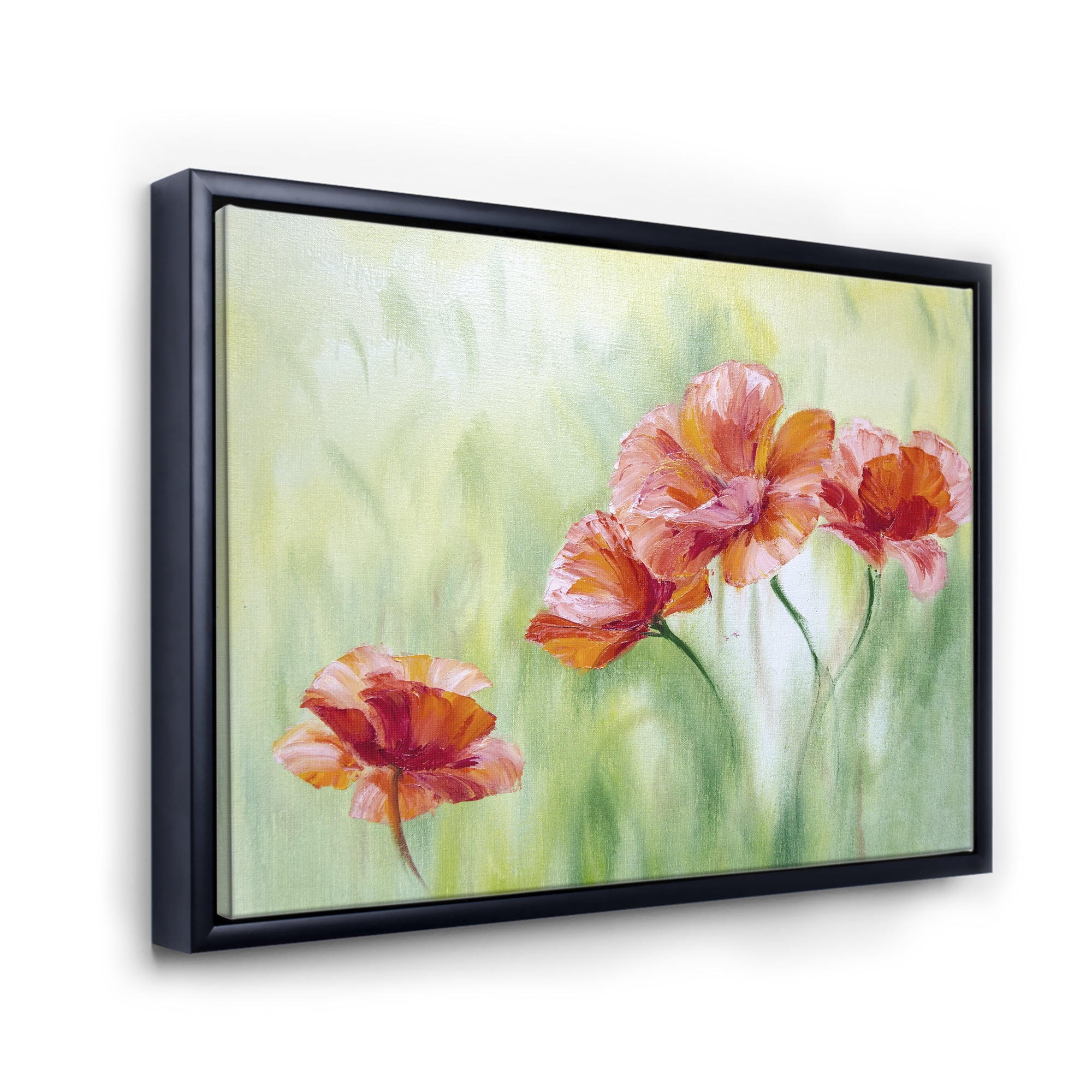 Designart 'Red Blossoming Poppies Over Wild Green I' Traditional Framed Canvas Wall Art Print