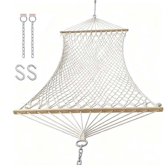 BN-LINK Cotton Rope Hammock,Handwoven Hammock with Hardwood Spreader Bars,Double Hammock for Outdoor Backyard Patio Poolside,330lbs Weight Capacity, Natural
