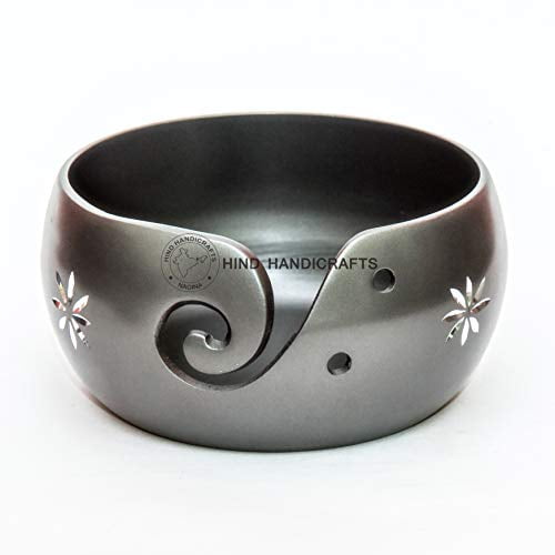 Hind Handicrafts Premium Solid Handmade Silver Engraved Metallic Finish - Aluminium Portable Yarn Storage Bowl - Holder for Knitting Crochet Hook Accessories (6" x 6" x 3", Matte Grey)