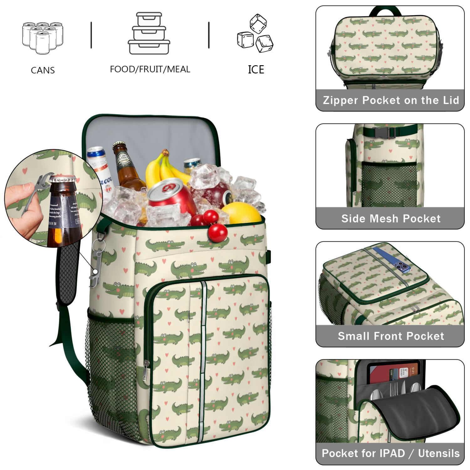 Travel Cooler Bag - Beige Crocodiles Hearts Pattern Camping Beer Cooler Backpack with Bottle Opener- Waterproof Insulated Picnic Backpacks - Cooler Bag for Beach