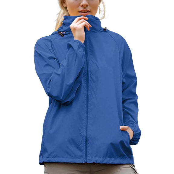 XPMWRP Women's Waterproof Hooded Casual Jacket Loose Windbreaker Long Sleeved Coat Solid Color Stand Collar Zipper Jacket With Storage Bag Blue S