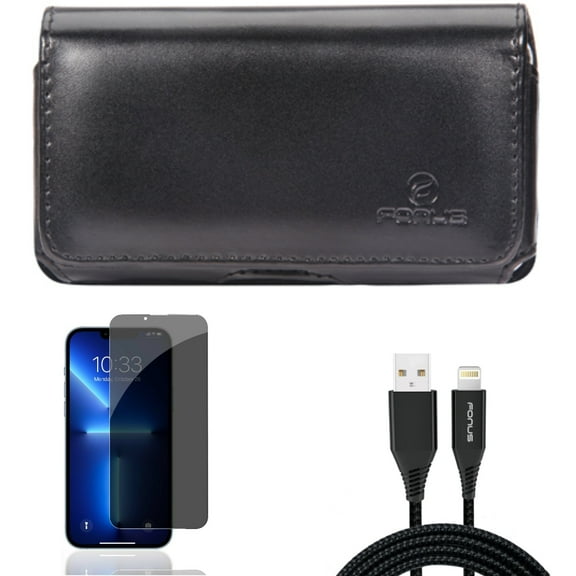 10ft USB Cable & Case Belt Clip & Privacy Screen Protector for iPhone 13/Pro - Combo with Charger Cord Power Wire & Leather Swivel Holster & Tempered Glass Curved Anti-Spy