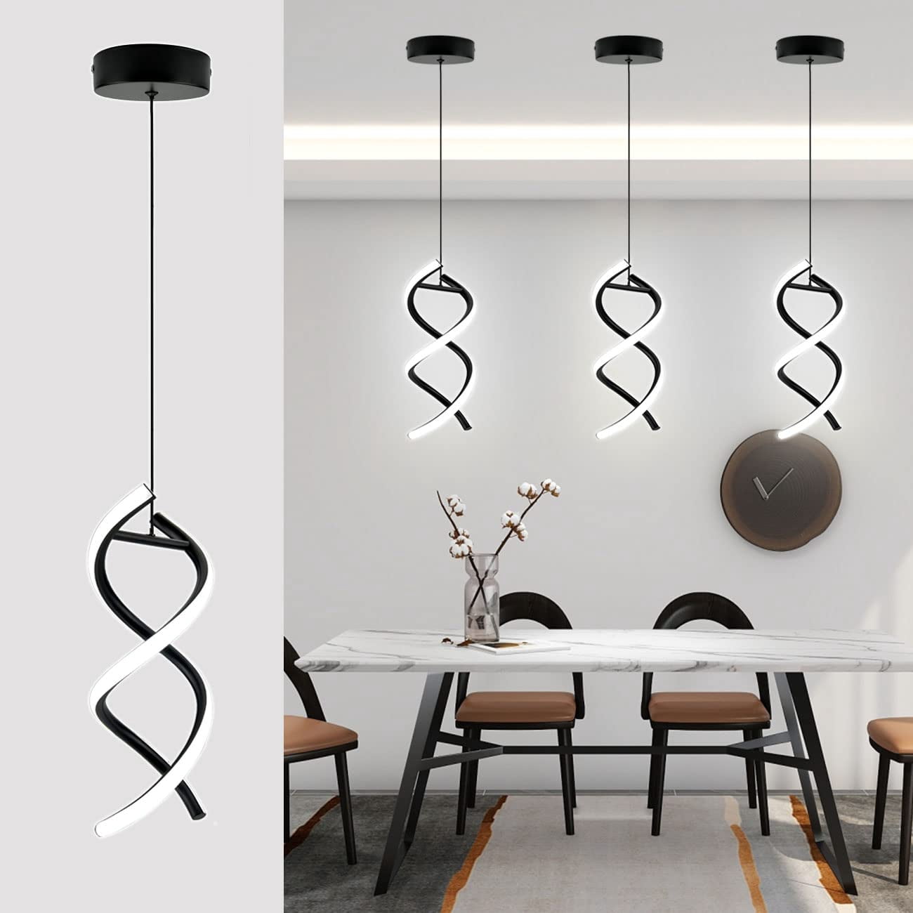 ADISUN Led Pendant Light Spiral Ceiling Lights Fixture Modern Hanging Lamp Adjustable Island Light Cool White Light for Living Room Bedroom Kitchen, Black