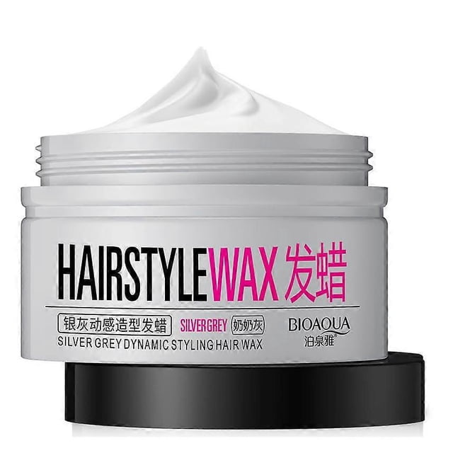 mousse rizadora para un aumento de volumen natural y cera para cabello gris plateado 100 g para hombres y mujeres Envase abierto blanco con tapa negra, vista frontal; tarro ancho con etiqueta "HAIRSTYLE WAX" y caracteres chinos, espuma blanca en espiral visible en la boca del frasco; plástico mate y borde roscado. Aporta volumen ligero, definición y textura esponjosa sin rigidez; adecuado para refrescar peinados entre lavados.