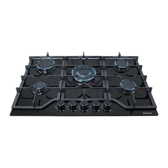 SUPRA Parrilla A Gas Empotrable PIACERE GLASS 76 Cristal Templado 5 Quemadores Con Triple Flama Negro 76 cm