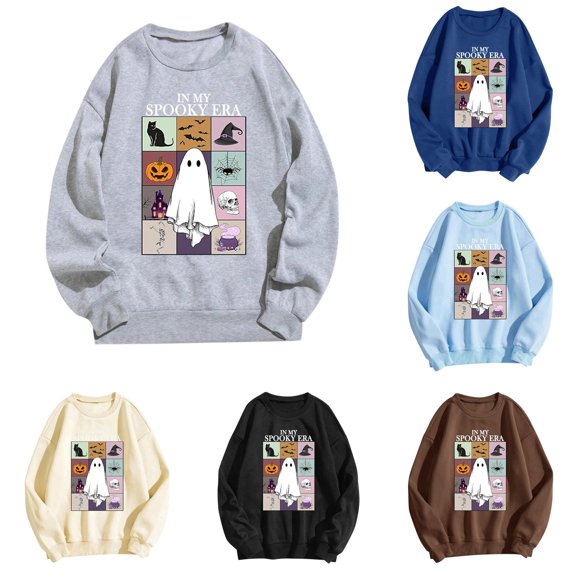 Halloween Sweatshirt for Women Hoodless Sweatshirt Oversized Crewneck Pullover Top for Women Long Sleeve Sweatshirt Casual Wear Comfortable Soft Light Gray S