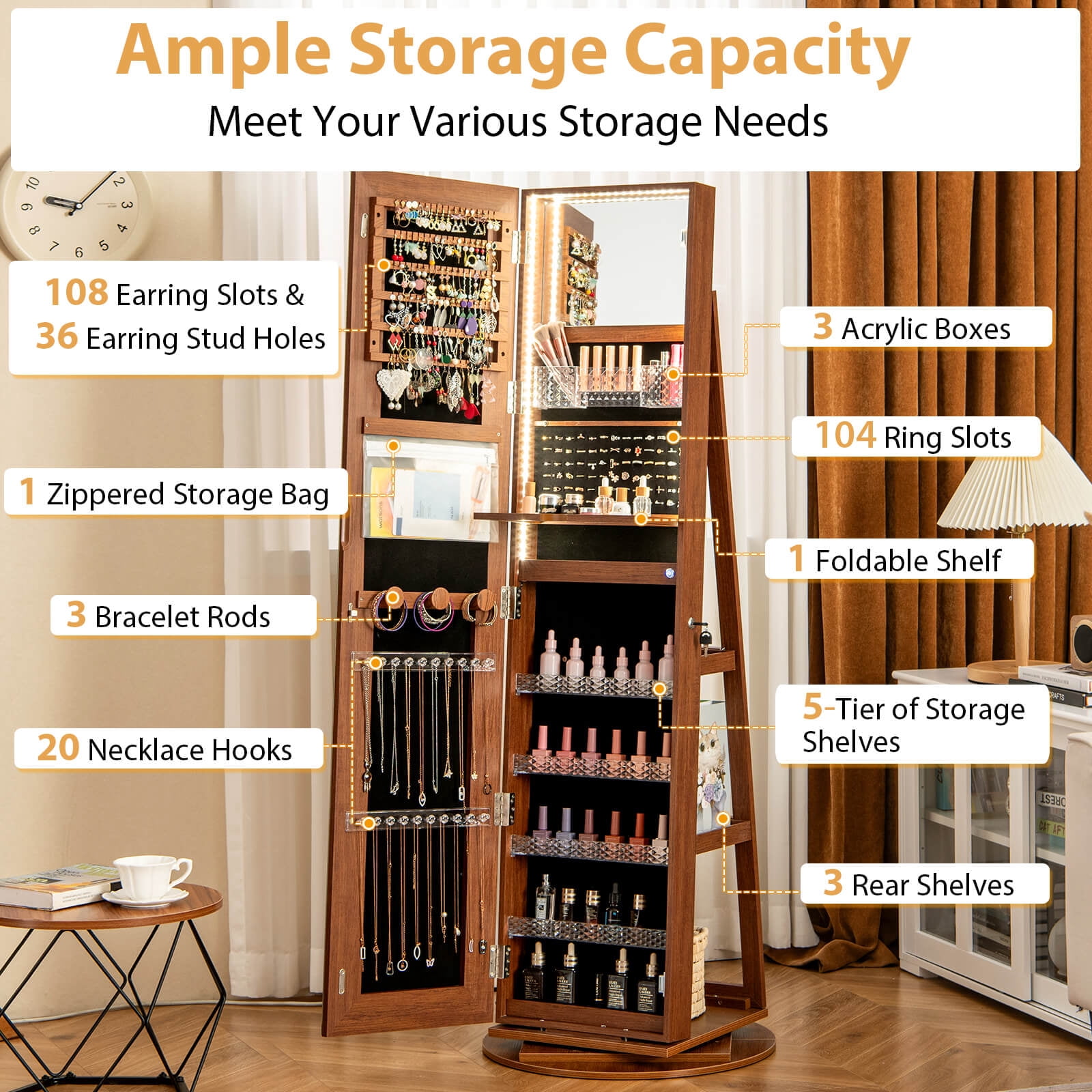 Costway 360° Swivel Jewelry Cabinet Organizer 3-Color LED Mirror with Built-in Lights Brown