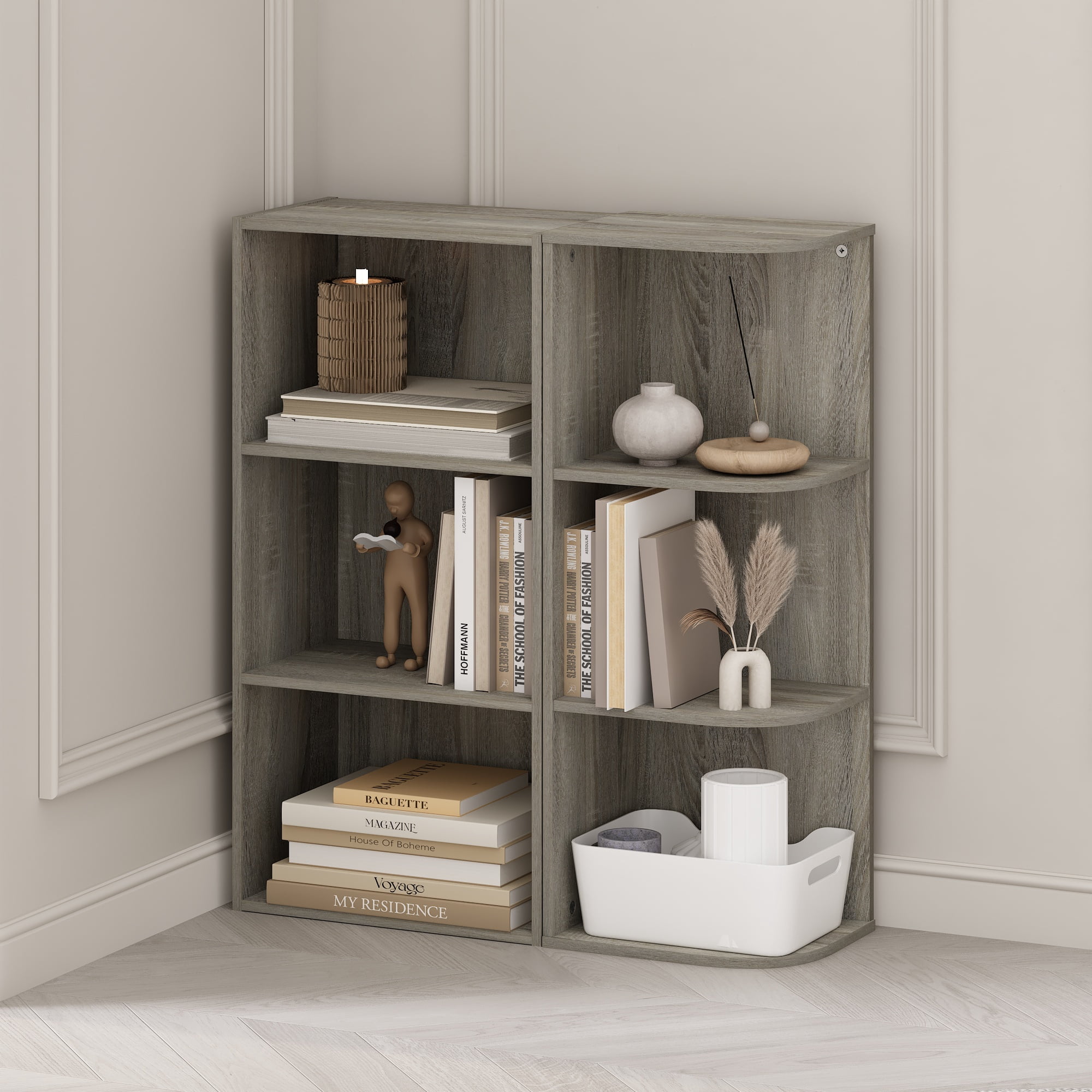 Furinno Reed 3-Tier Space Saving Corner Storage Display Shelf, Bookshelf, French Oak