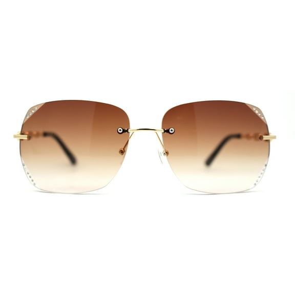 Womens Rimless Rhinestone Jewel Diva Metal Rim Sunglasses Gold Brown